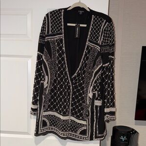 Beaded Black Open Front Blazer Dress with Ivory Embroidery